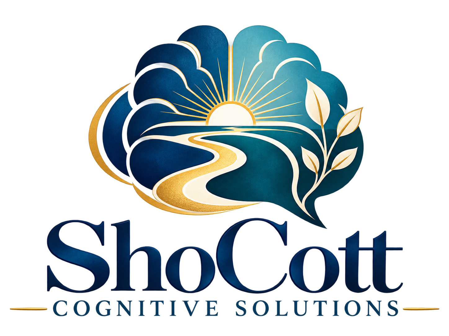 ShoCott Cognitive Solutions logo: a rising sun, winding pathway, and botanical forms inside an abstract brain